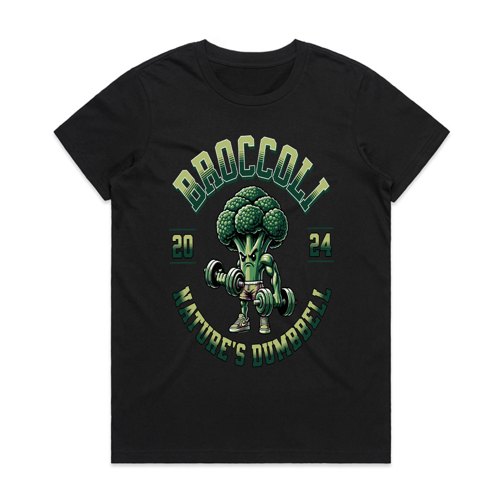 "Broccoli – Nature's Dumbbell" Funny Gym T-Shirt for Fitness & Health Enthusiasts