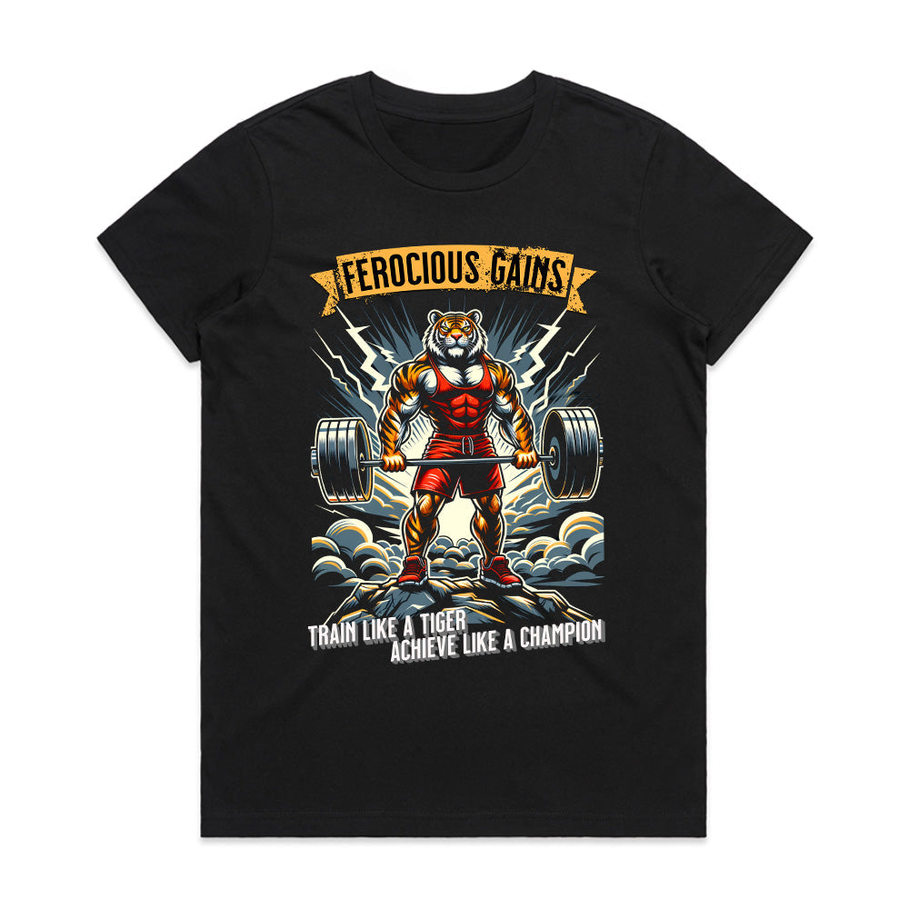 "Ferocious Gains" Tiger Powerlifting Gym T-Shirt – Train Like a Champion
