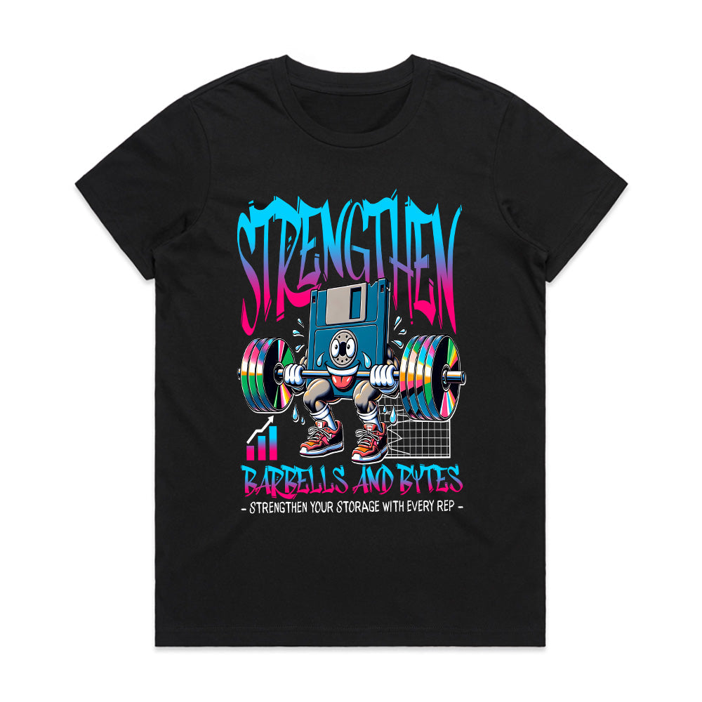 "Strengthen: Barbells & Bytes" Retro Fitness Geek T-Shirt – Power Up with Every Rep