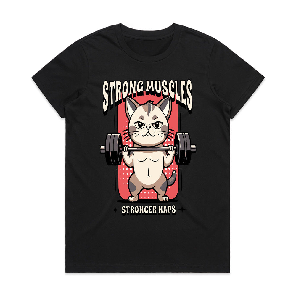 "Strong Muscles, Stronger Naps" Funny Workout Cat T-Shirt
