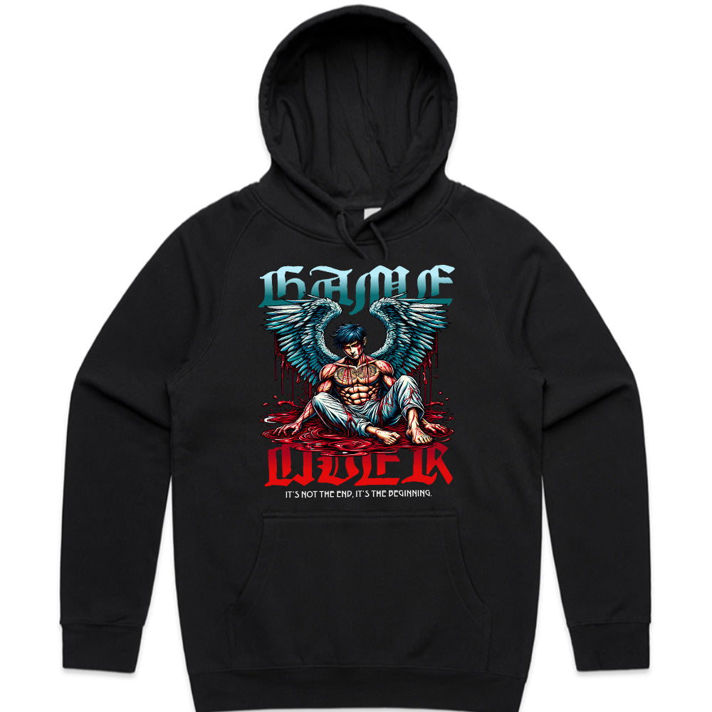 "Game Over – Angel Warrior Gaming T-Shirt with Dark Fantasy Art"