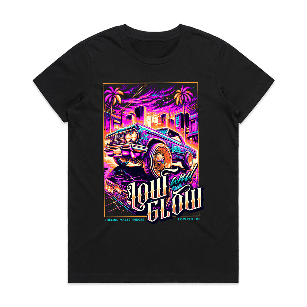 Low and Glow Lowrider T-Shirt – Neon City Vibes & Classic Cruising