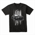 American Muscle Car T-Shirt – Sleek Black Mustang with USA Flag Design!