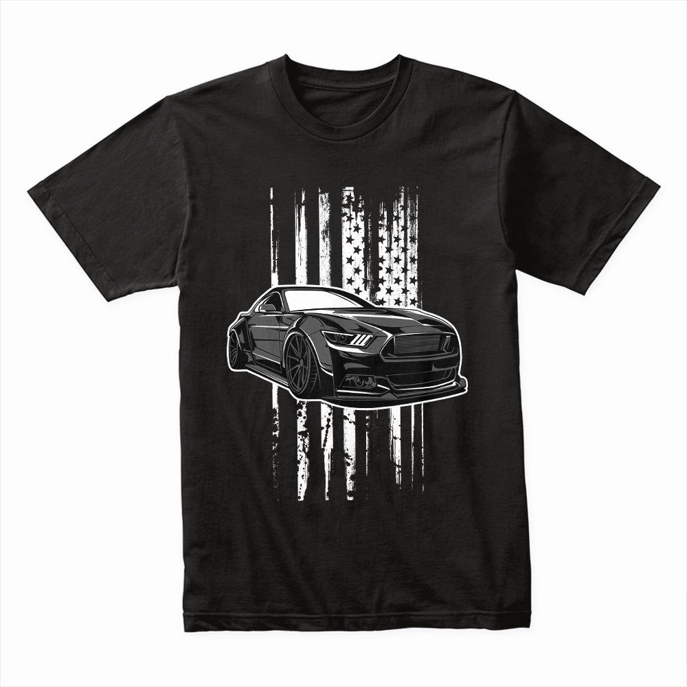 American Muscle Car T-Shirt – Sleek Black Mustang with USA Flag Design!