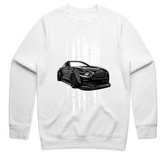 American Muscle Car T-Shirt – Sleek Black Mustang with USA Flag Design!