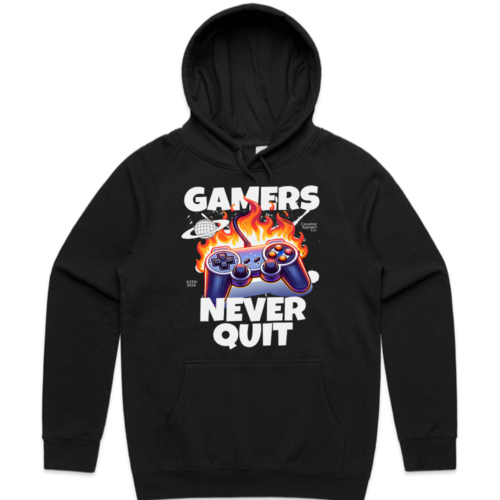 "Gamers Never Quit" T-Shirt - Fiery Gaming Controller Design