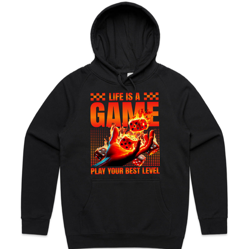 Life Is A Game T-Shirt – Play Your Best Level” Flaming Dice Design