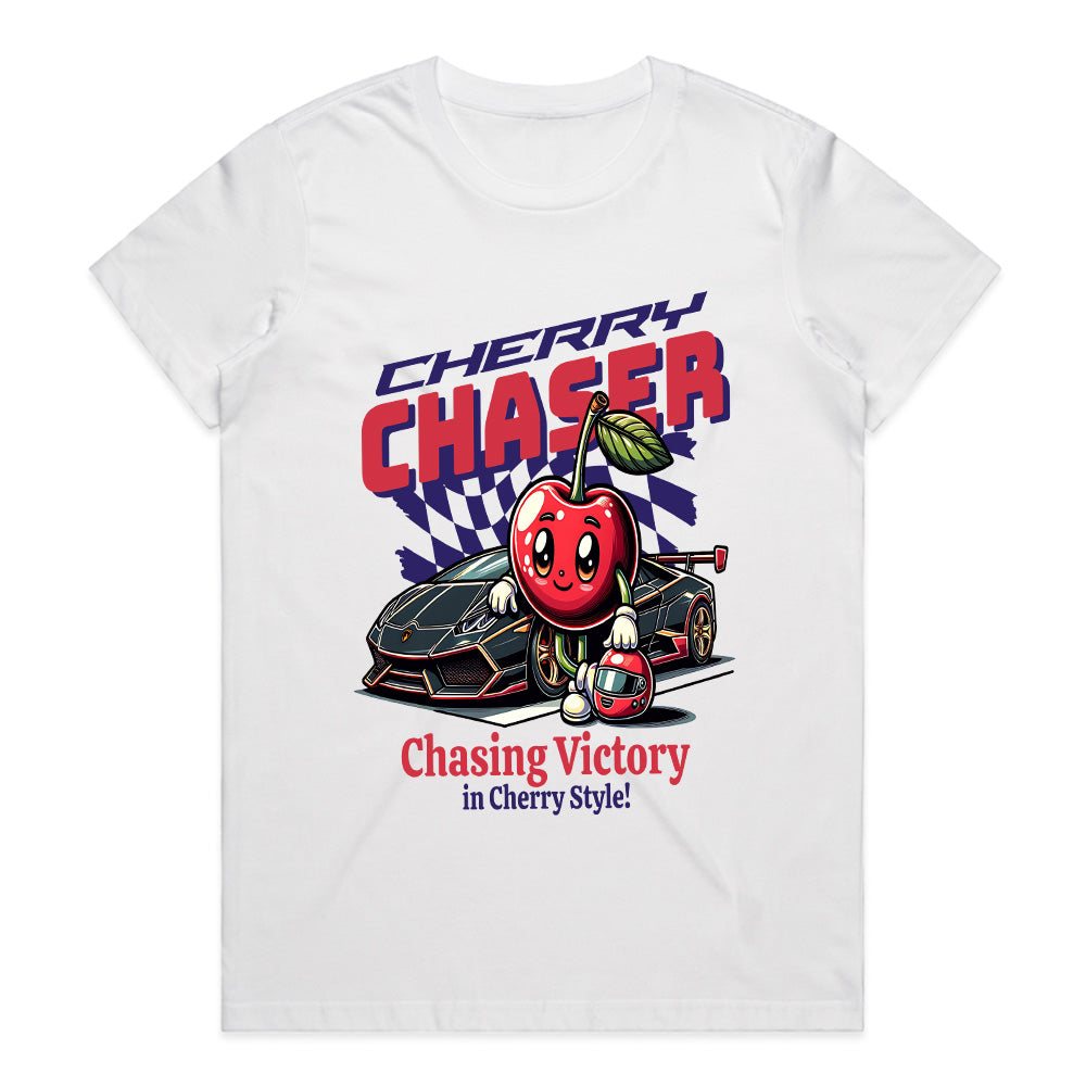 Cherry Chaser T-Shirt – Fun Racing-Inspired Supercar & Cartoon Cherry Tee