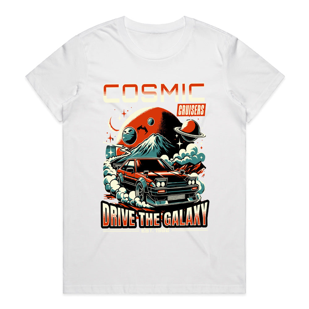 Cosmic Cruisers T-Shirt – Retro Futuristic JDM Car & Space Adventure Tee