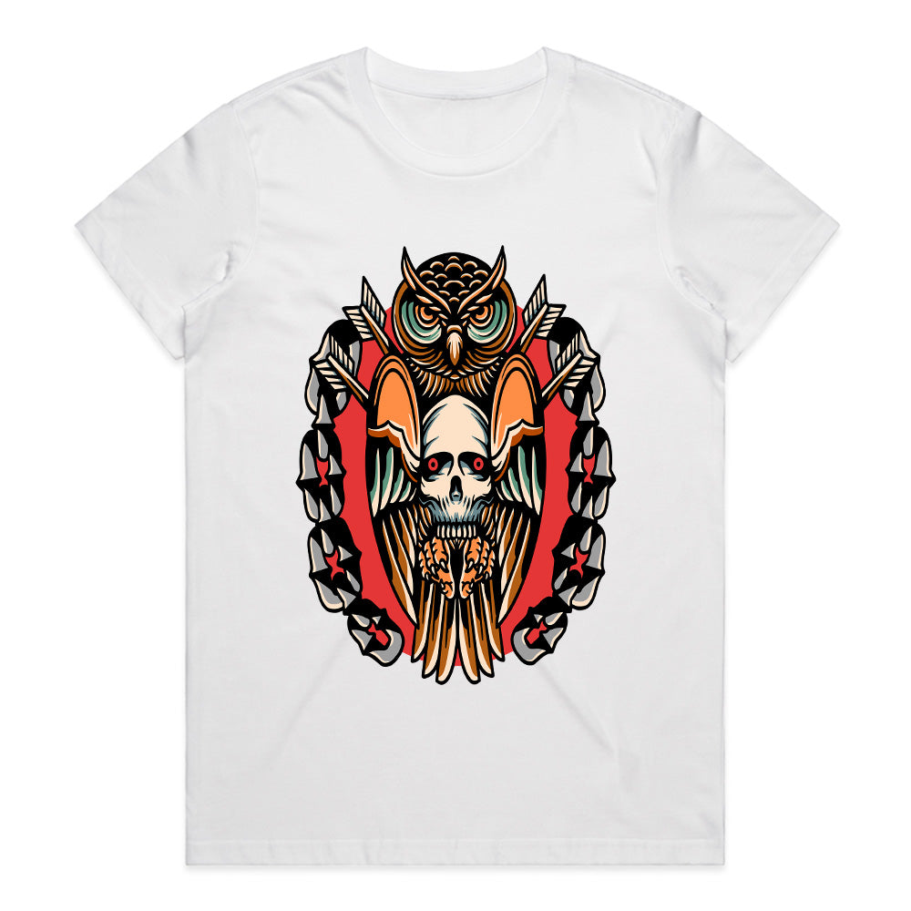 Nocturnal Guardians: Skull & Owl Fusion Tee