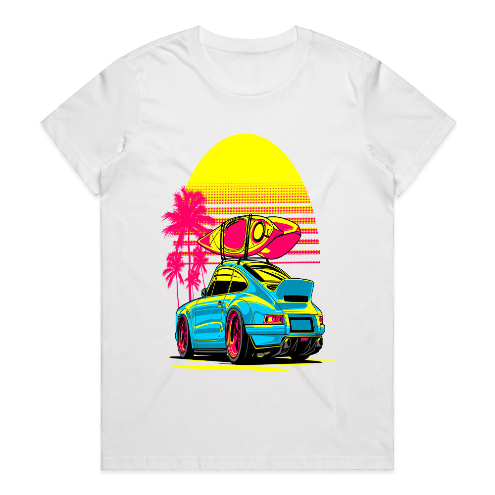 Retro Beach Ride — Neon Porsche Surf Vibes T-Shirt