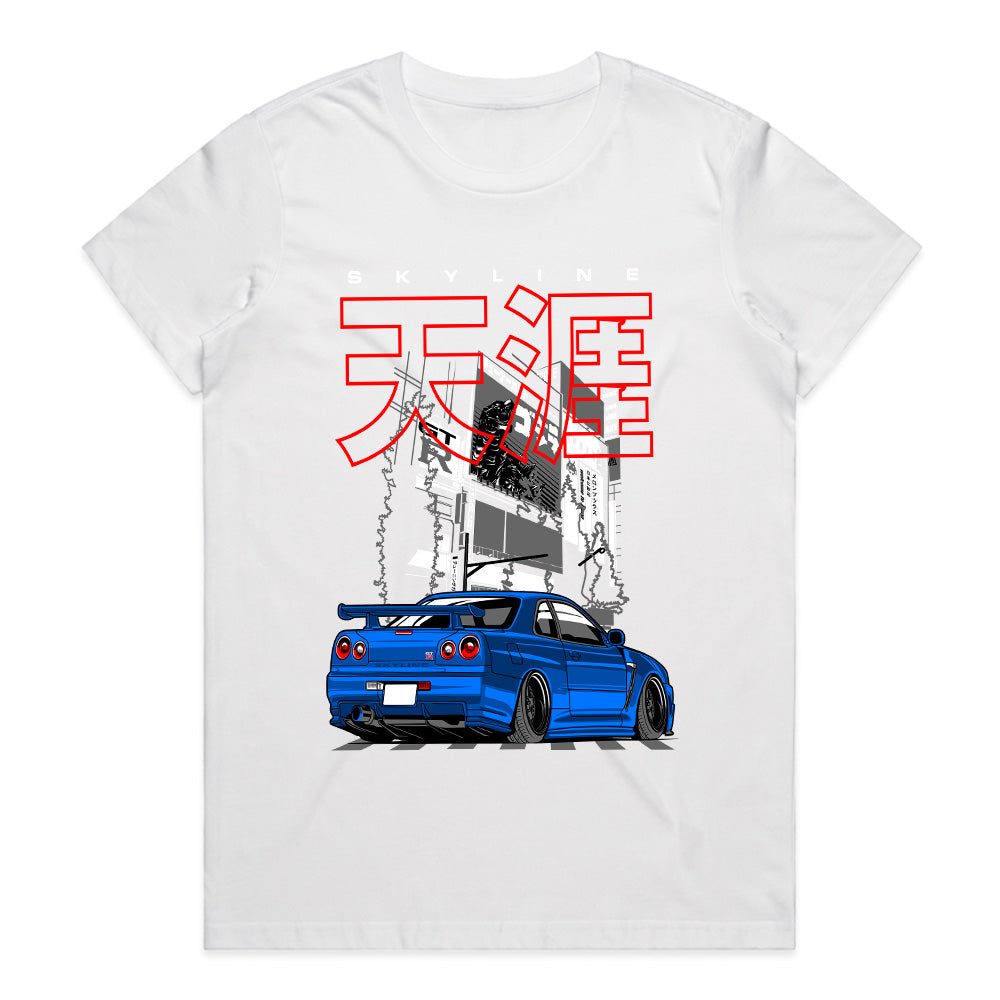 Skyline Midnight Drift – Blue R34 JDM Street Legend T-Shirt