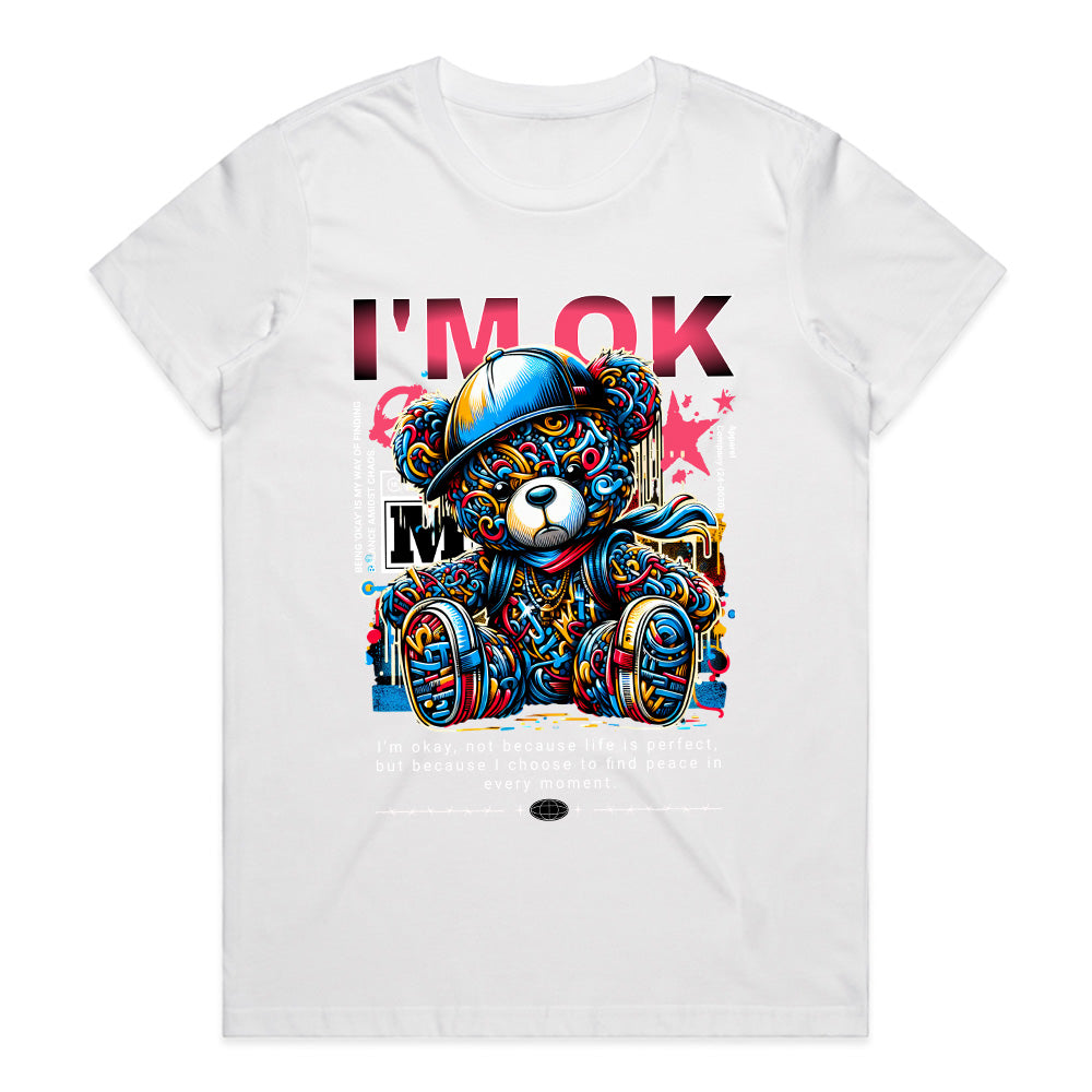 Urban Serenity: Vibrant “I’m OK” Teddy Tee