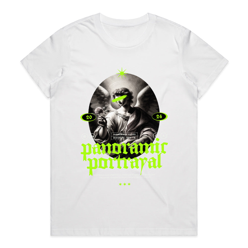 Panoramic Portrayal: Neon Angelic Vision Tee