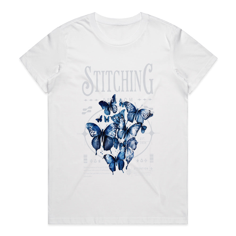Stitching Freedom: Blue Butterfly Escape Tee