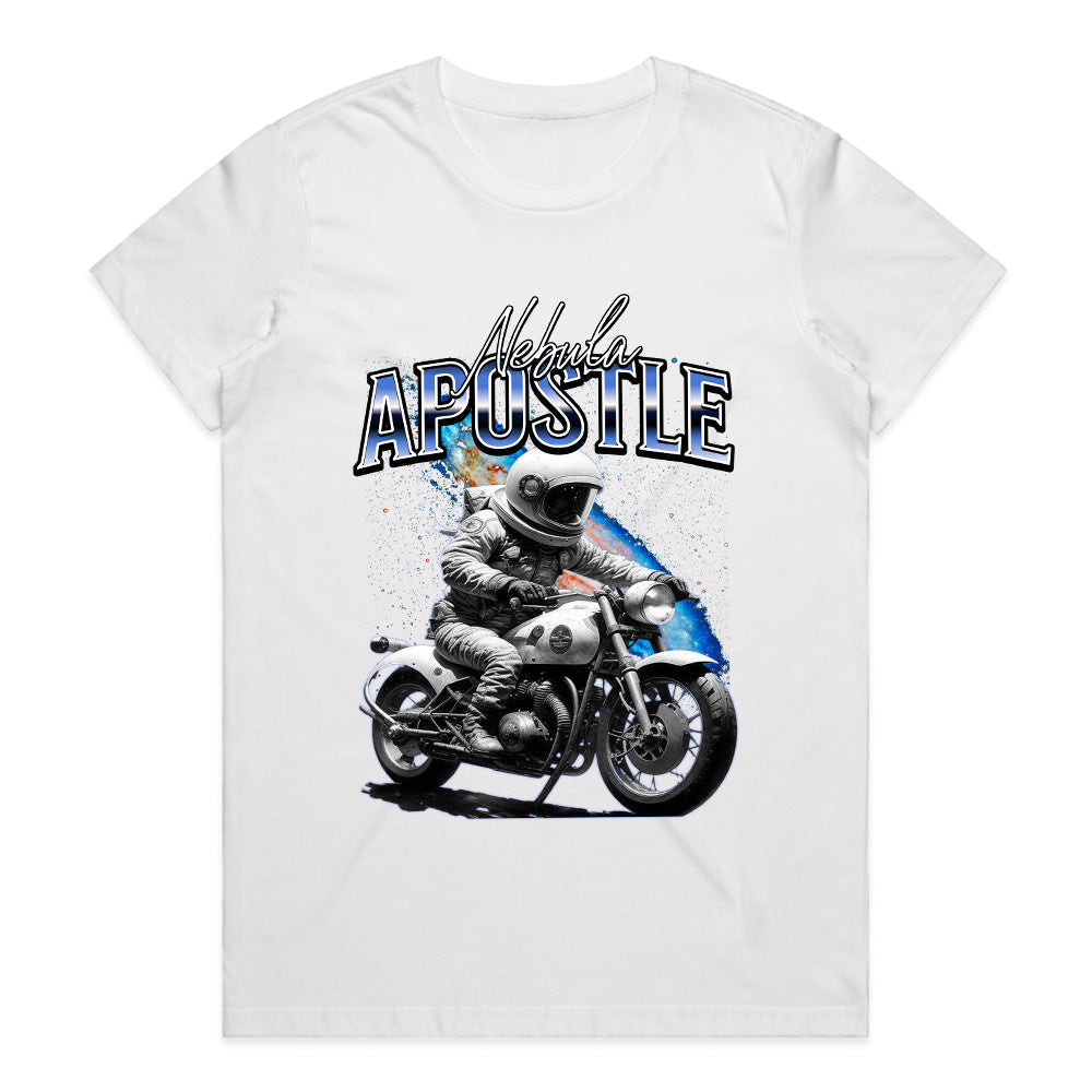 Nebula Apostle – Astronaut Biker Cosmic Adventure T-Shirt