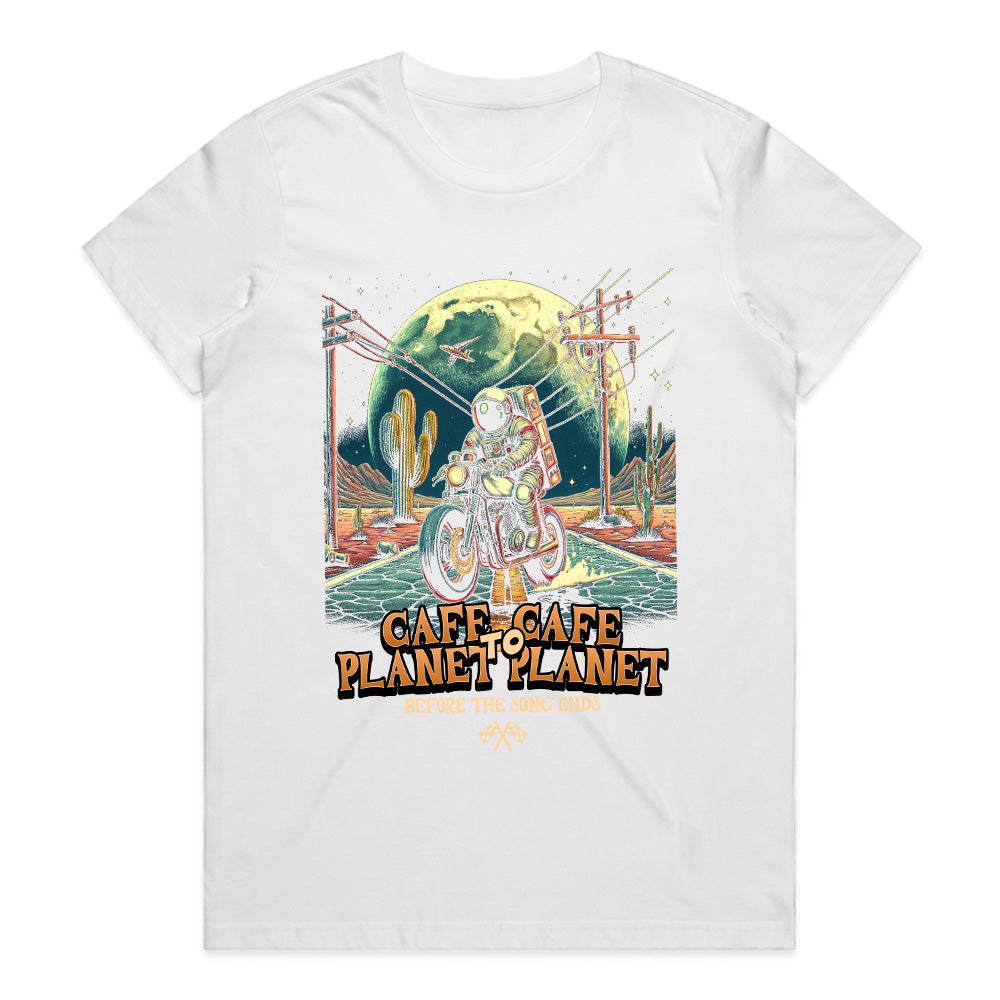 Cafe to Cafe, Planet to Planet – Astronaut Biker Adventure T-Shirt