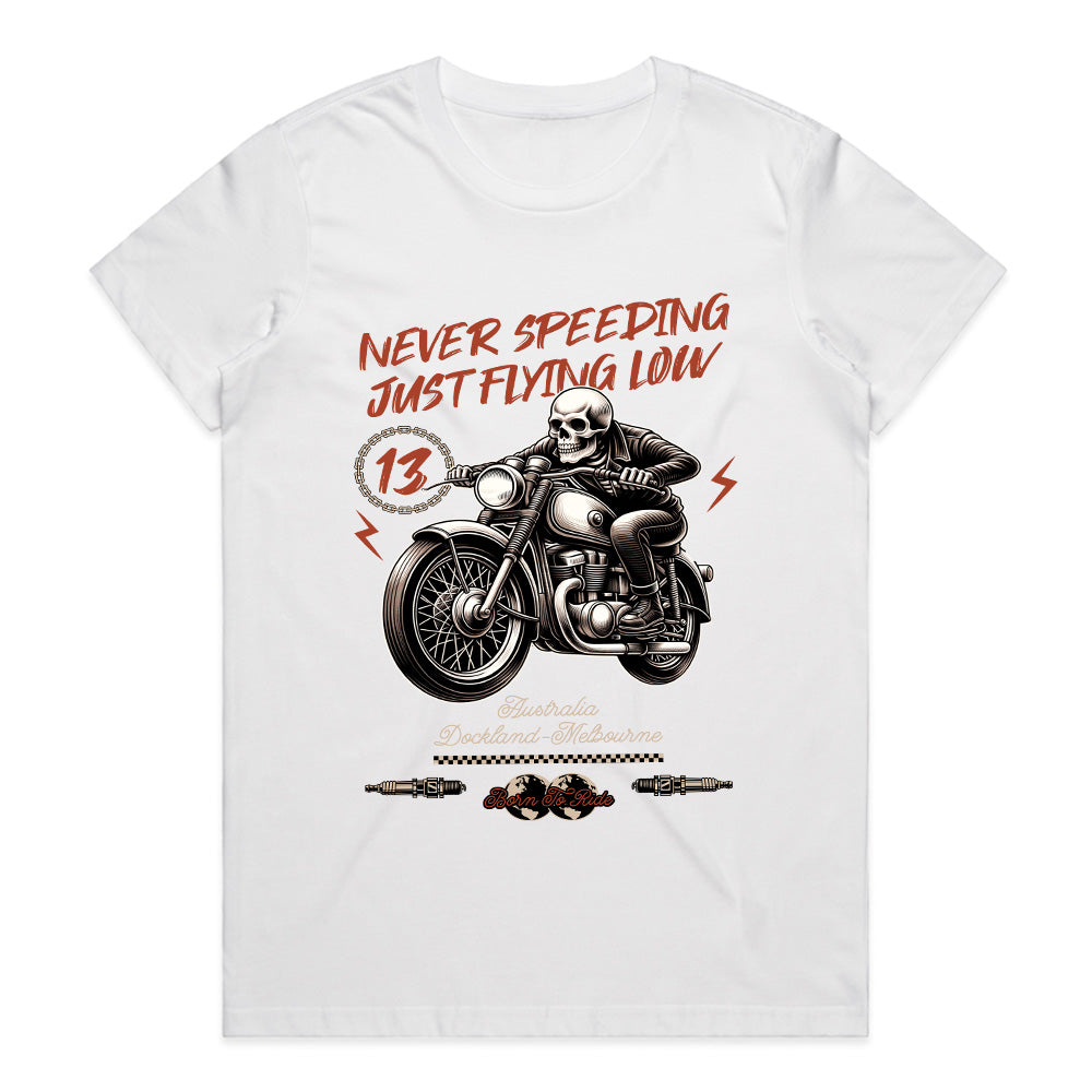 Never Speeding, Just Flying Low – Skull Biker T-Shirt