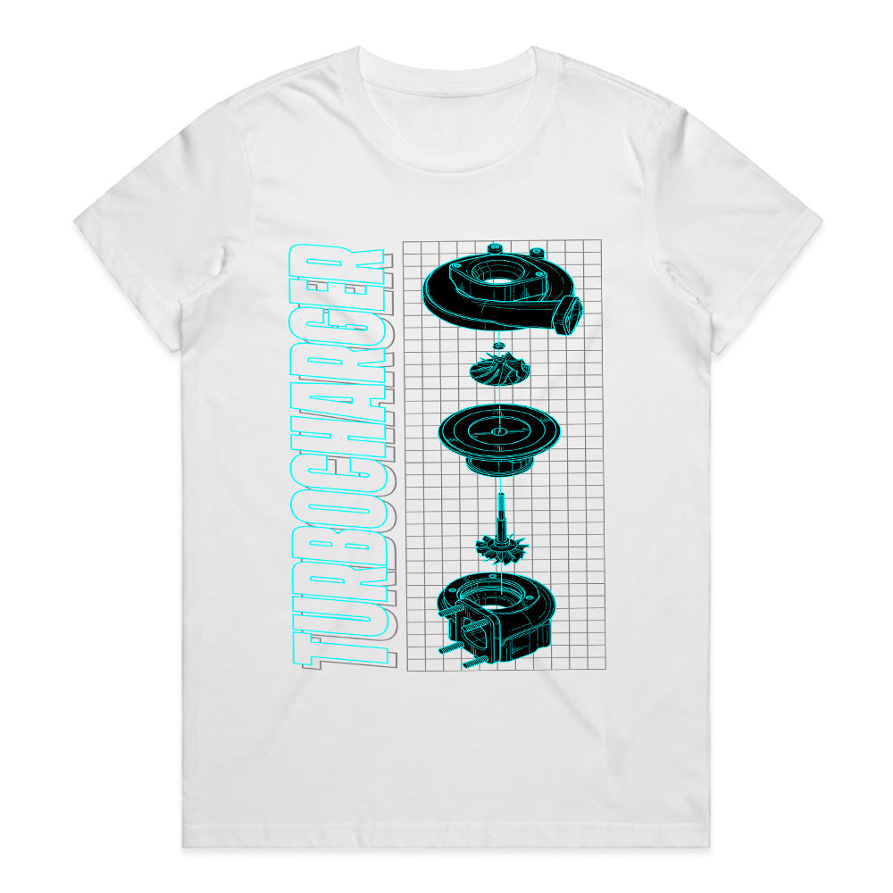 Turbocharger Blueprint T-Shirt – Boost Engineer Tech Schematic Tee