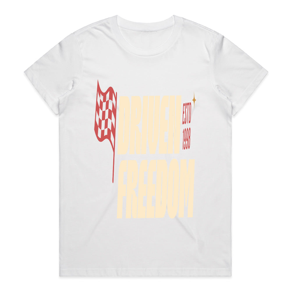 Driven Freedom - Retro Racing Flag Typography Tee