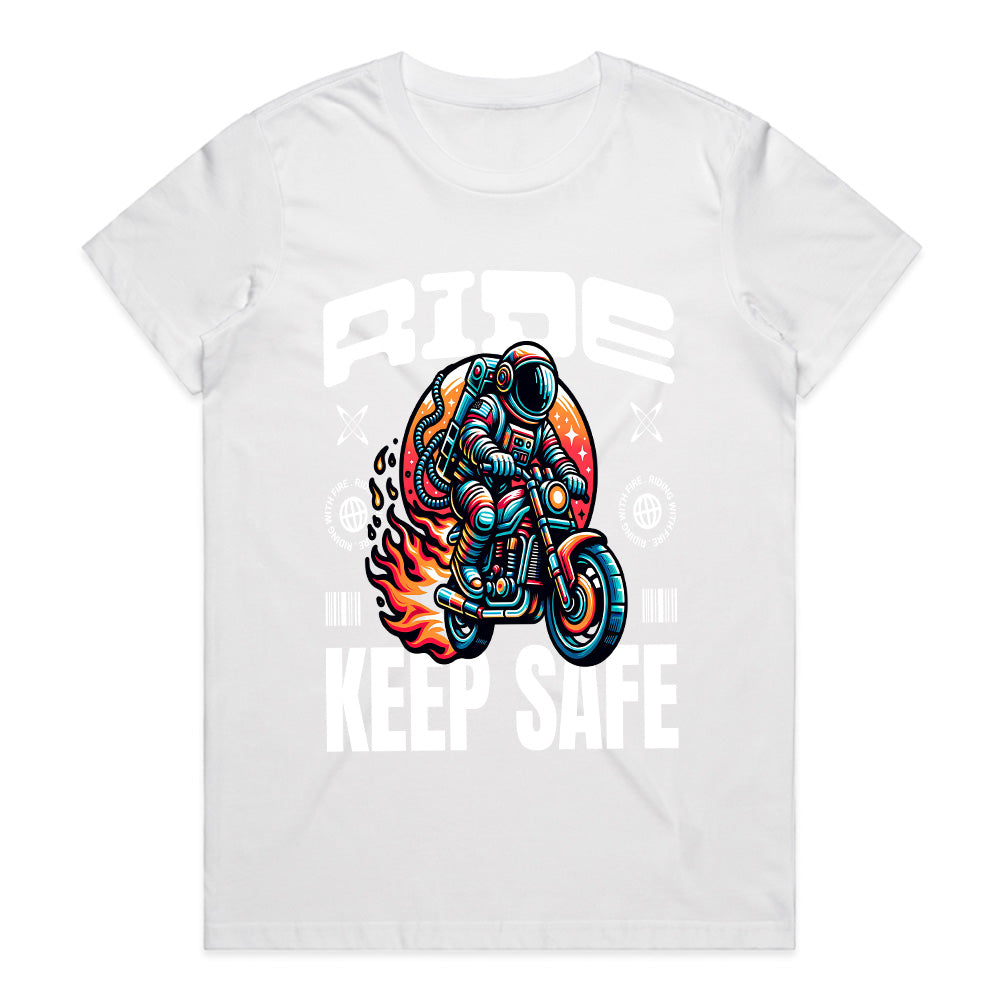 Ride Keep Safe T-Shirt – Futuristic Astronaut Biker Tee