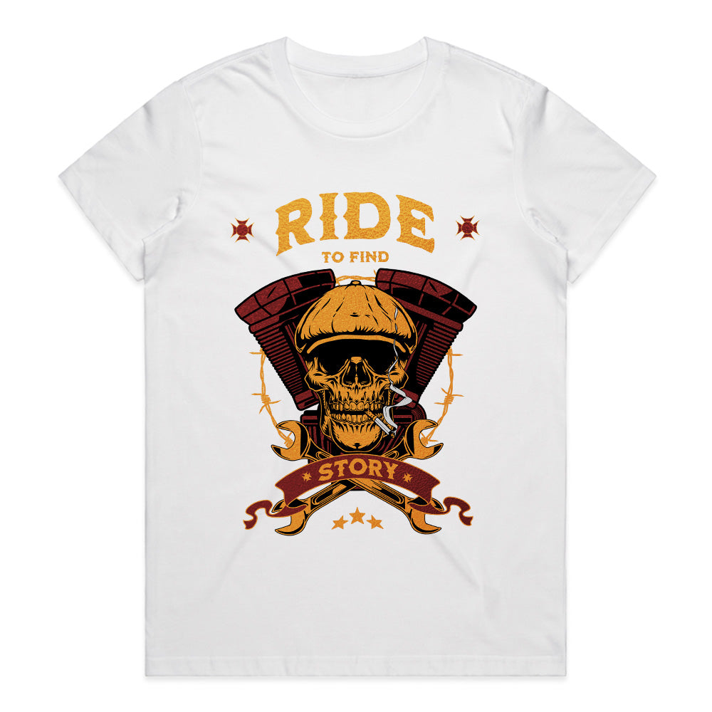 Ride to Find Story T-Shirt – Vintage Skull Biker Adventure Tee