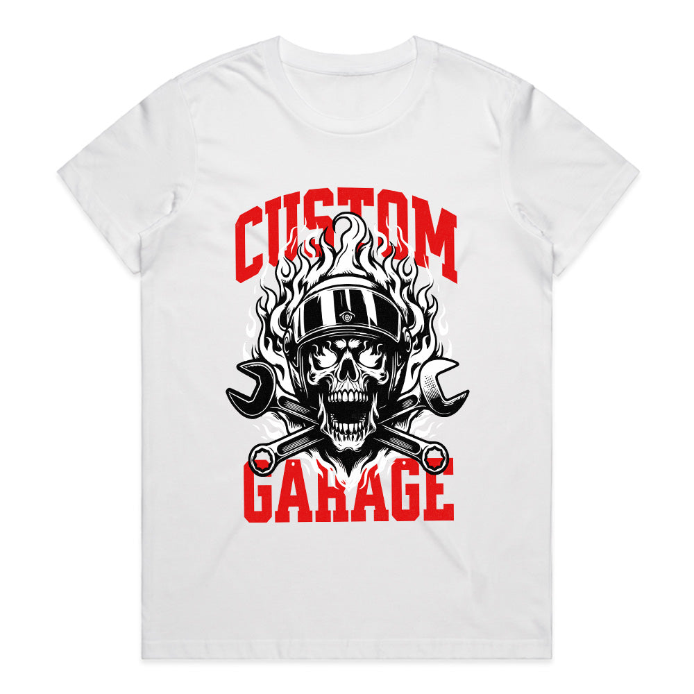 Custom Garage T-Shirt – Fiery Skull Mechanic Biker Tee