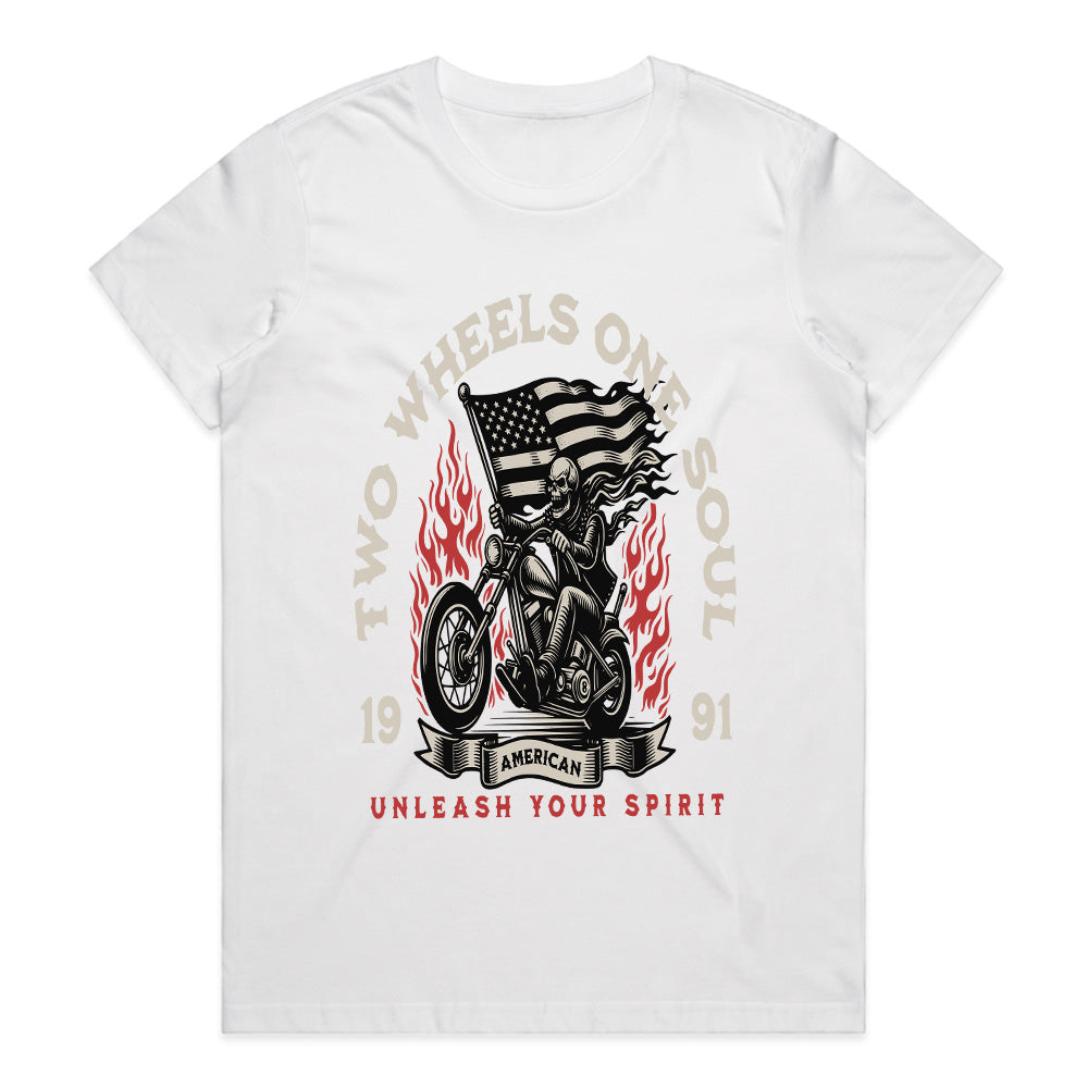 Two Wheels One Soul T-Shirt – American Biker Skull Rider Tee