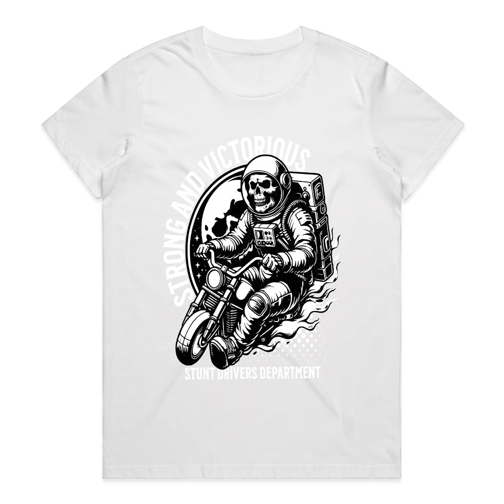 Strong and Victorious T-Shirt – Astronaut Skull Biker Stunt Tee