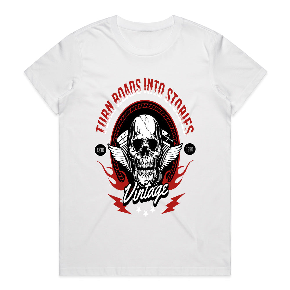 Turn Roads Into Stories – Vintage Biker Skull T-Shirt