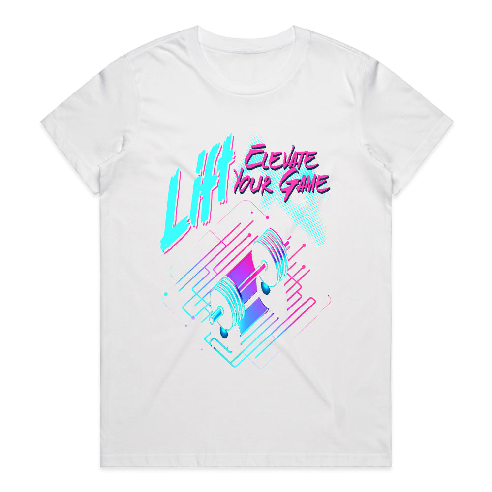 "Lift & Elevate Your Game" Neon Cyber Gym T-Shirt – Futuristic Fitness Vibes