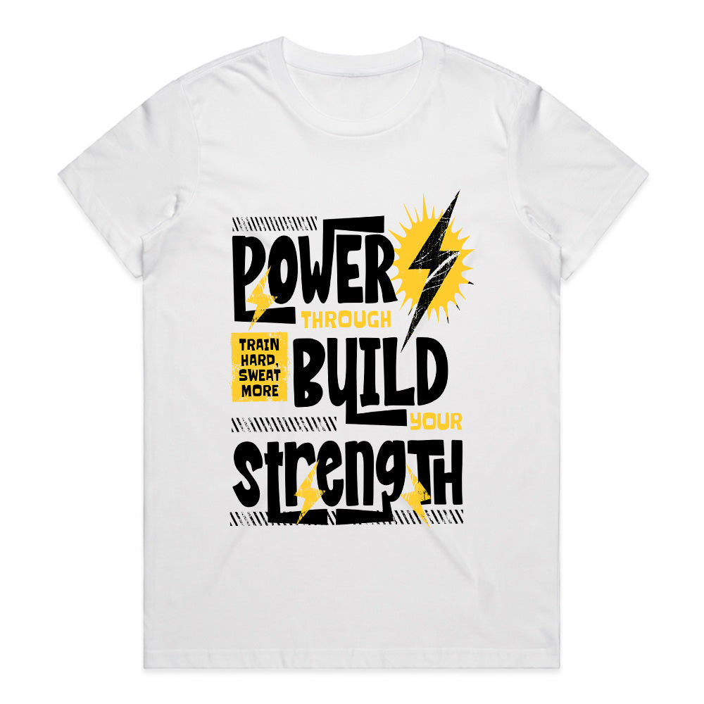 Power Through, Build Strength – Motivational Gym T-Shirt | High-Energy Workout Tee