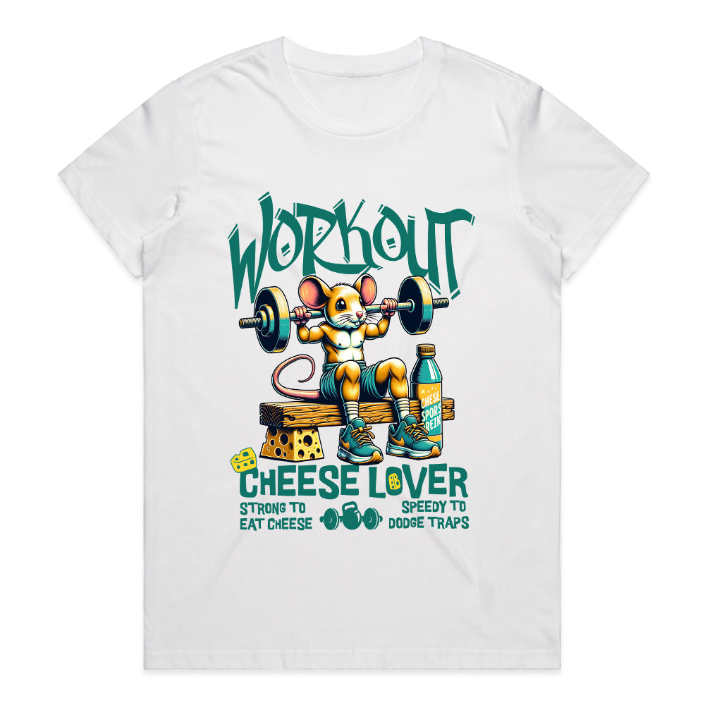 "Workout Cheese Lover" Funny Gym T-Shirt – Strong to Eat Cheese, Speedy to Dodge Traps