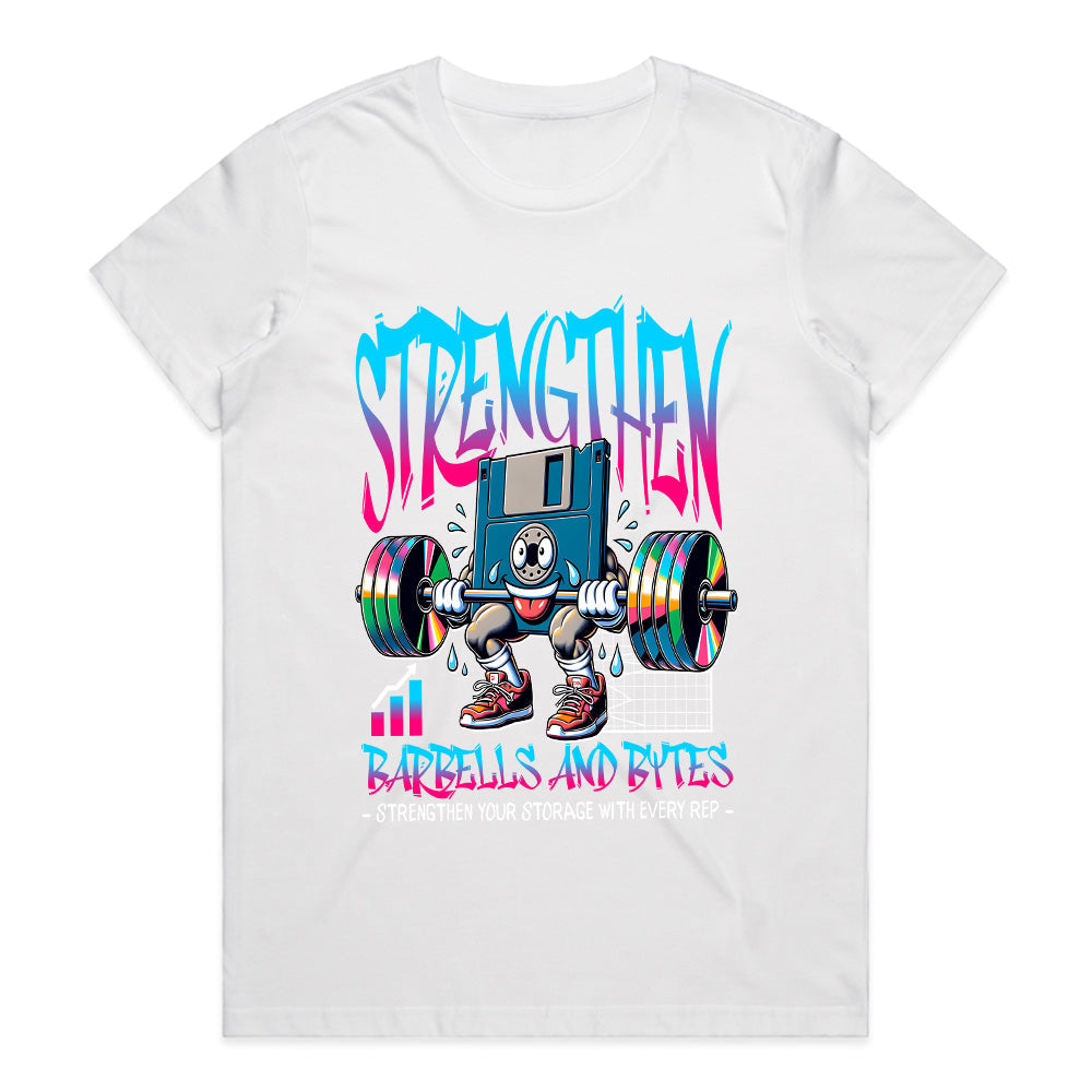"Strengthen: Barbells & Bytes" Retro Fitness Geek T-Shirt – Power Up with Every Rep