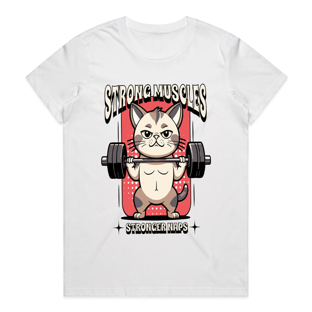"Strong Muscles, Stronger Naps" Funny Workout Cat T-Shirt