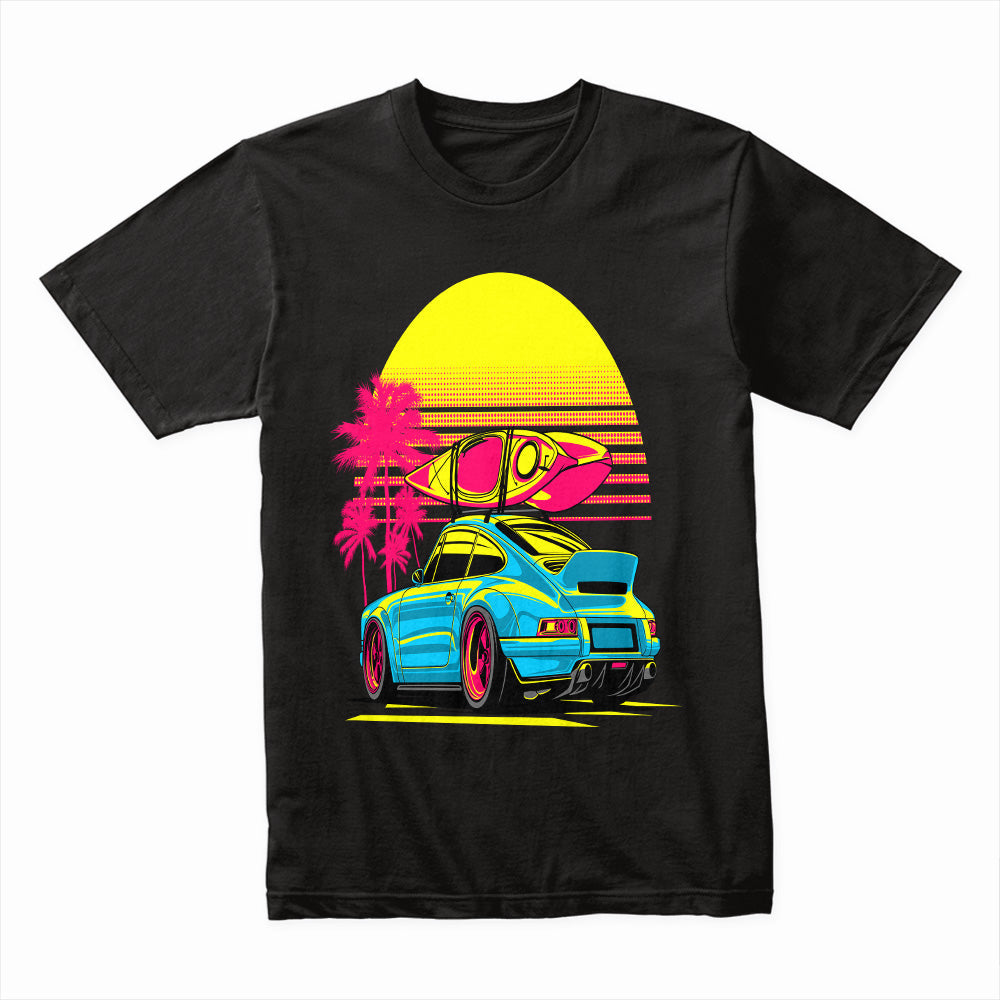 Retro Sunset Porsche Surf Tee – Neon Summer Vibes