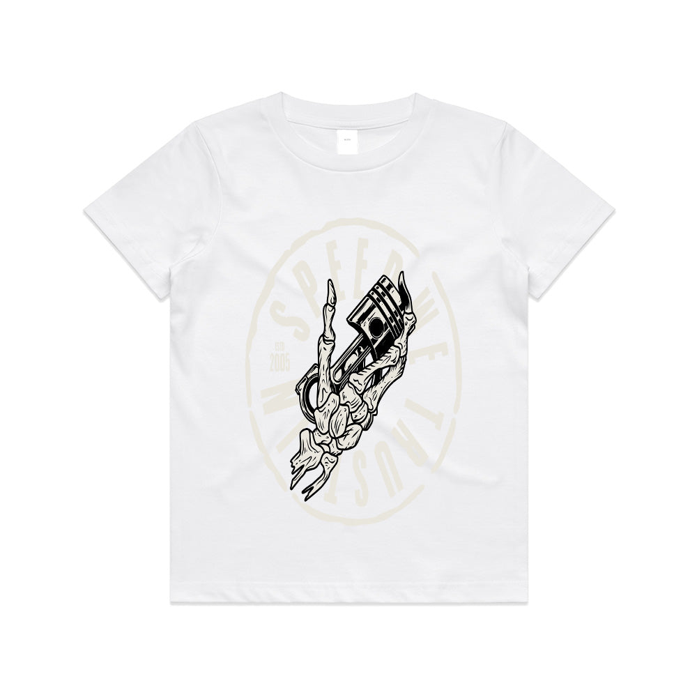 Speed Demon – Skeleton Hand & Piston Racer T-Shirt