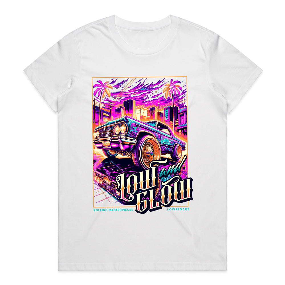 Low and Glow Lowrider T-Shirt – Neon City Vibes & Classic Cruising