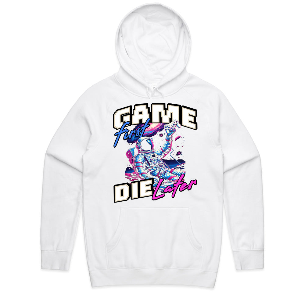 Game First, Die Later T-Shirt – Neon Astronaut Gamer Aesthetic