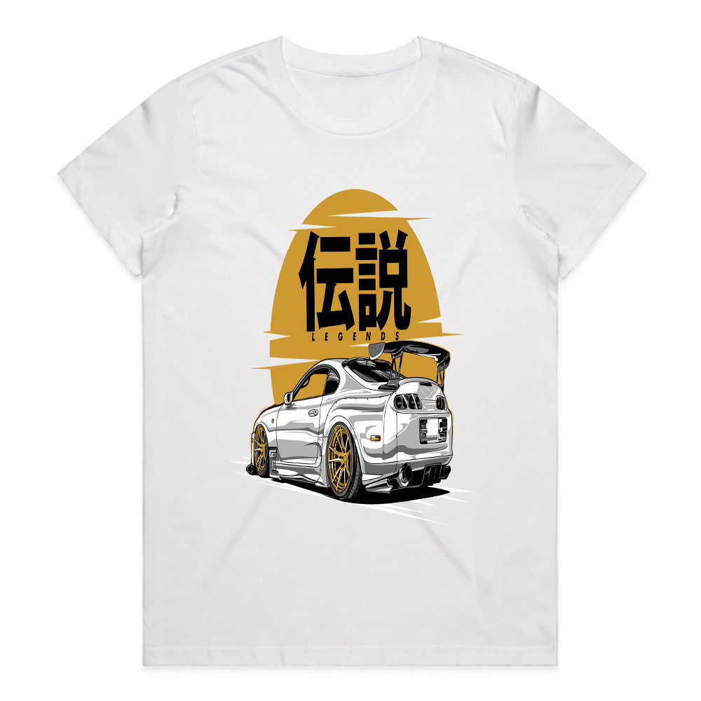 Toyota Supra MK4 "Legends" JDM T-Shirt – White Supra with Gold Accents