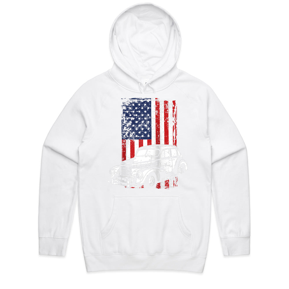 Vintage Classic Car American Flag T-Shirt – 4th of July Hot Rod Enthusiast Tee