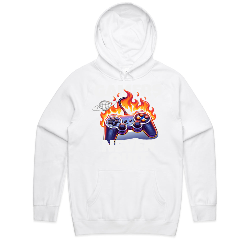 "Gamers Never Quit" T-Shirt - Fiery Gaming Controller Design