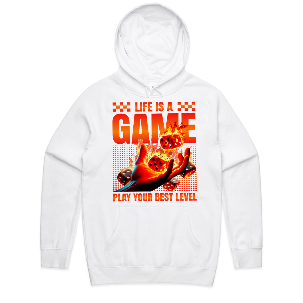 Life Is A Game T-Shirt – Play Your Best Level” Flaming Dice Design