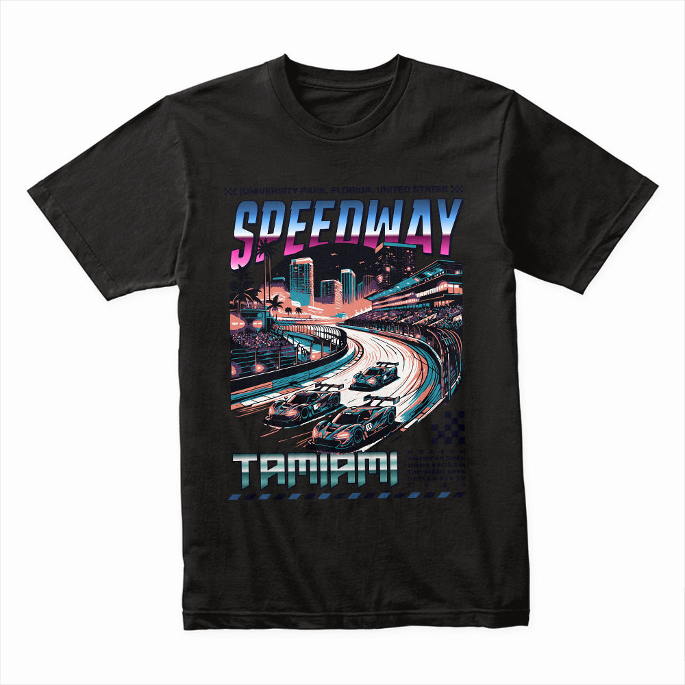 TAMIAMI SPEEDWAY Racing T-Shirt – Retro Miami Night Drive