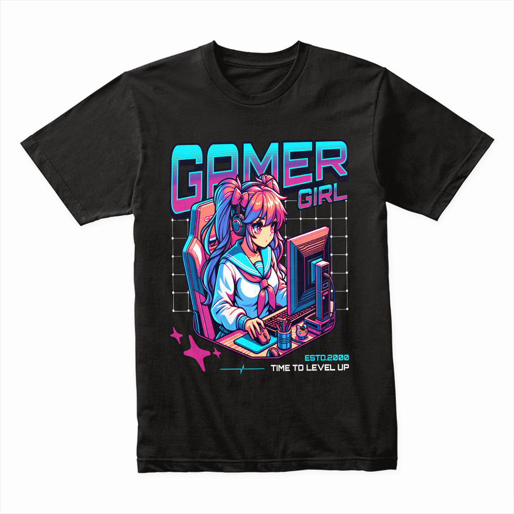 Neon Gamer Girl T-Shirt – "Time to Level Up" Anime-Inspired Gaming Tee