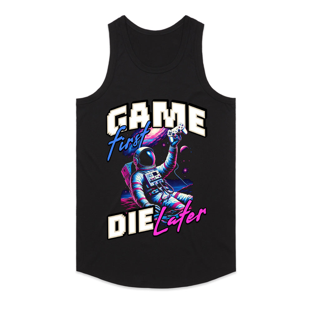 Game First, Die Later T-Shirt – Neon Astronaut Gamer Aesthetic