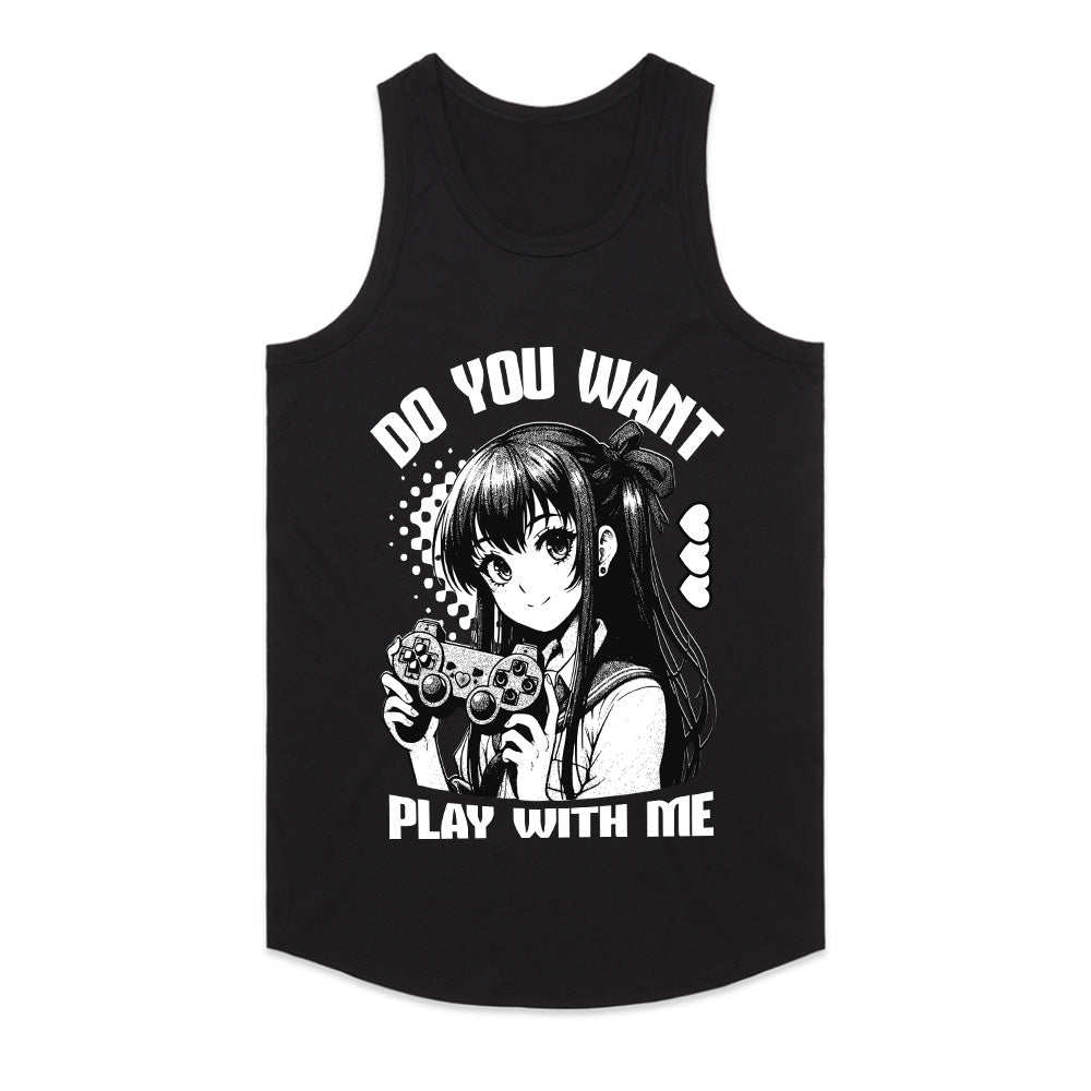 Anime Gamer Girl T-Shirt - "Do You Want to Play With Me?" - Black Gaming Tee