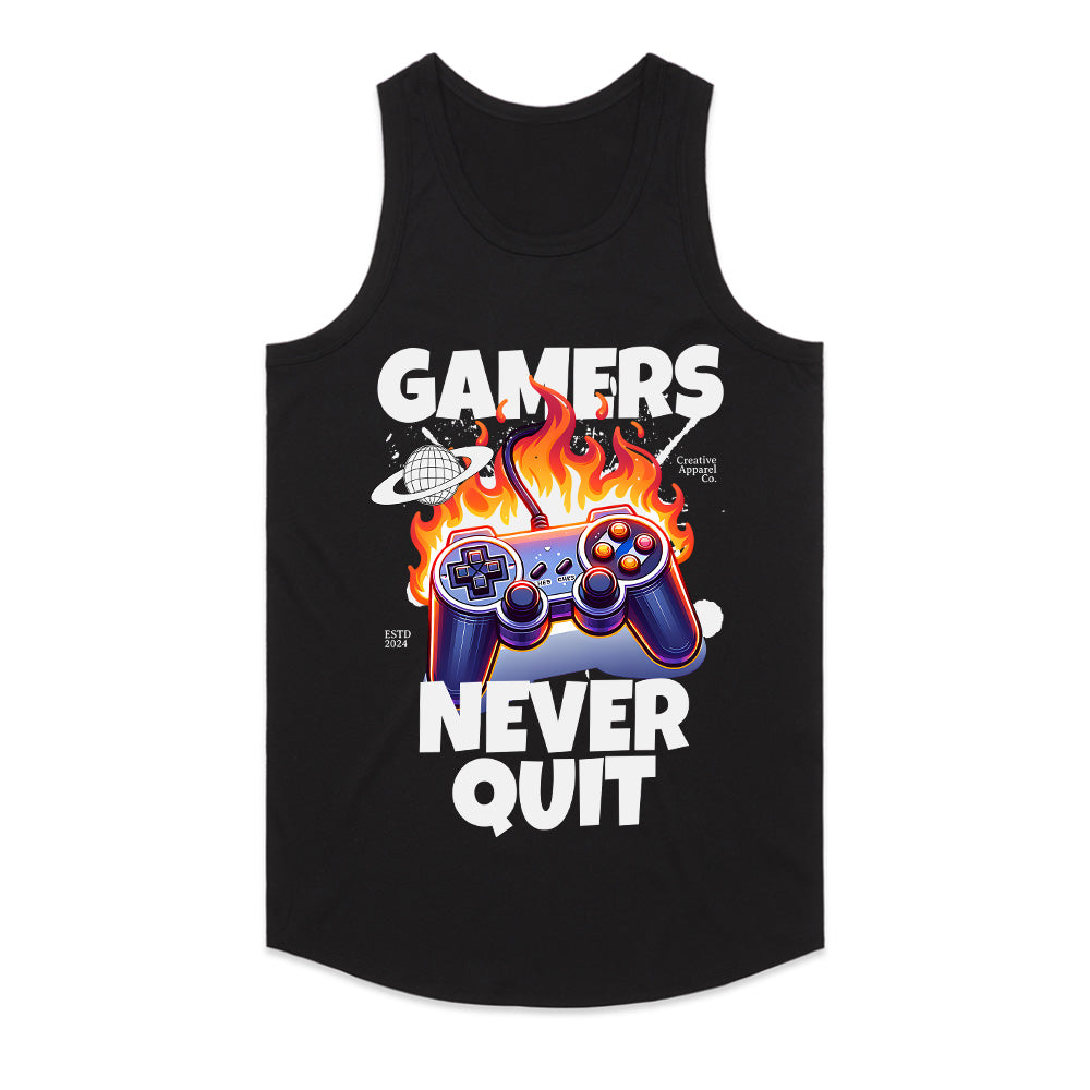 "Gamers Never Quit" T-Shirt - Fiery Gaming Controller Design