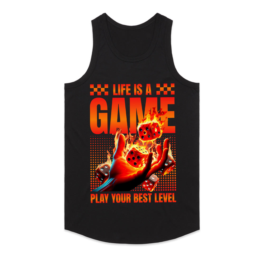 Life Is A Game T-Shirt – Play Your Best Level” Flaming Dice Design