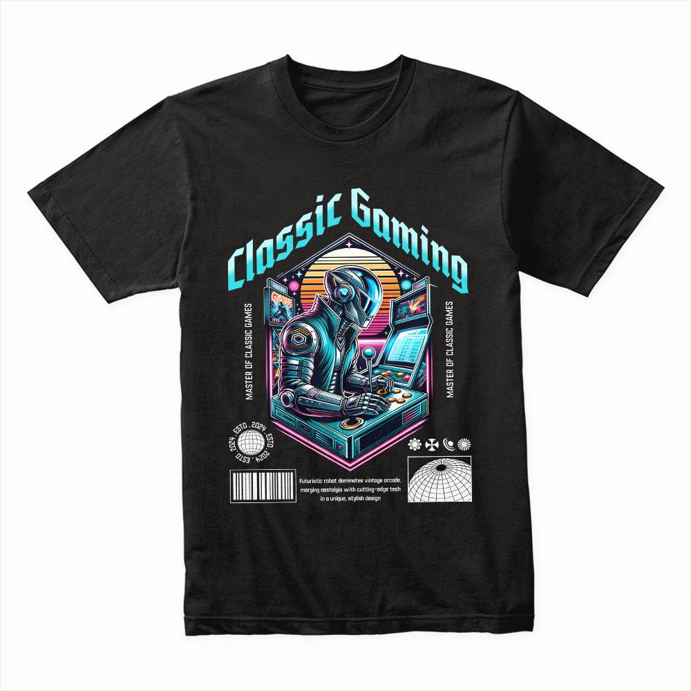 "Classic Gaming Cyberpunk T-Shirt – Retro Gamer Futuristic Design"